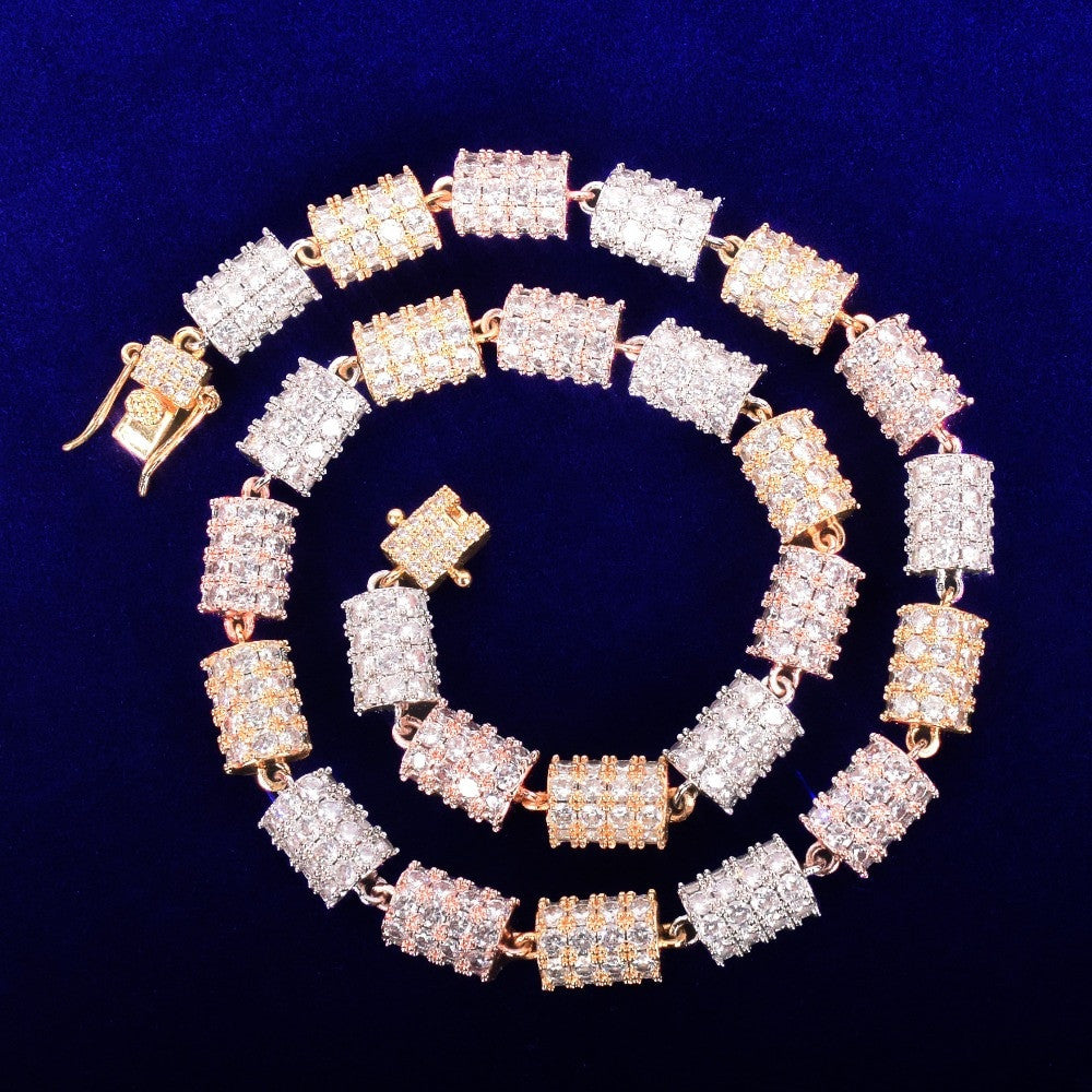 10mm 24k Gold Silver Rose Gold Cylinder Cut AAA Micro Pave Hip Hop Chain Necklace