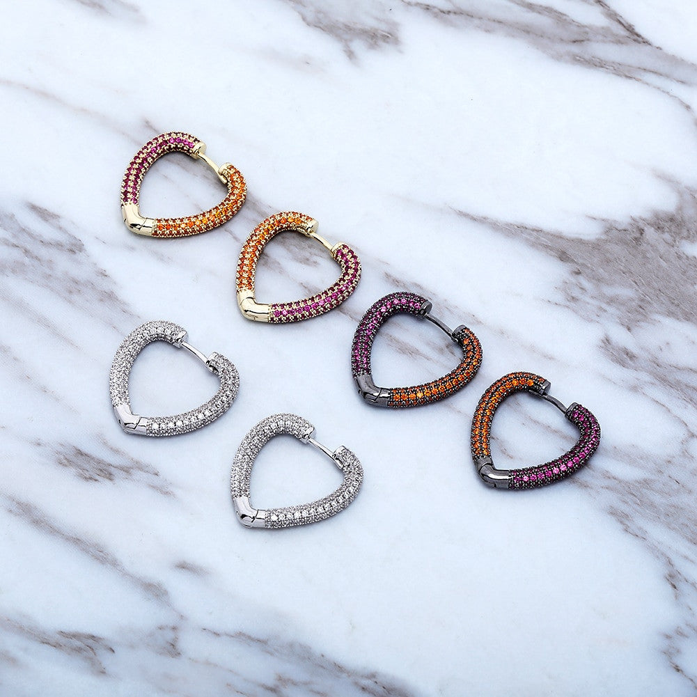 Ladies High Fashion Hoop Heart AAA Stone Yellow White Gold Bling Earrings