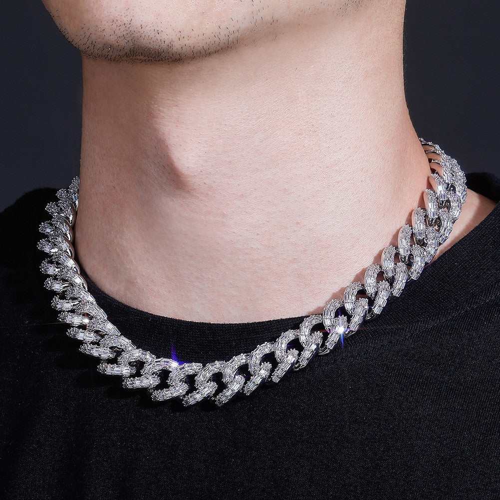 Hip Hop 16mm Miami Cuban Flooded Ice Baguette Micro Pave Set Chain Necklace