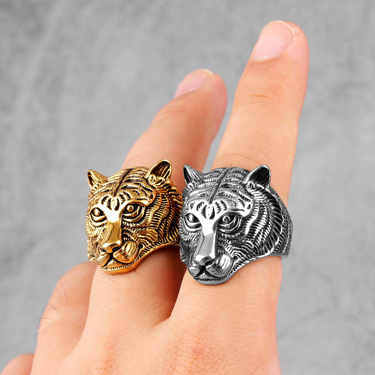 Mens Dominant Male Alpha Tiger No Fade 14k Gold Silver Stainless Steel Rings