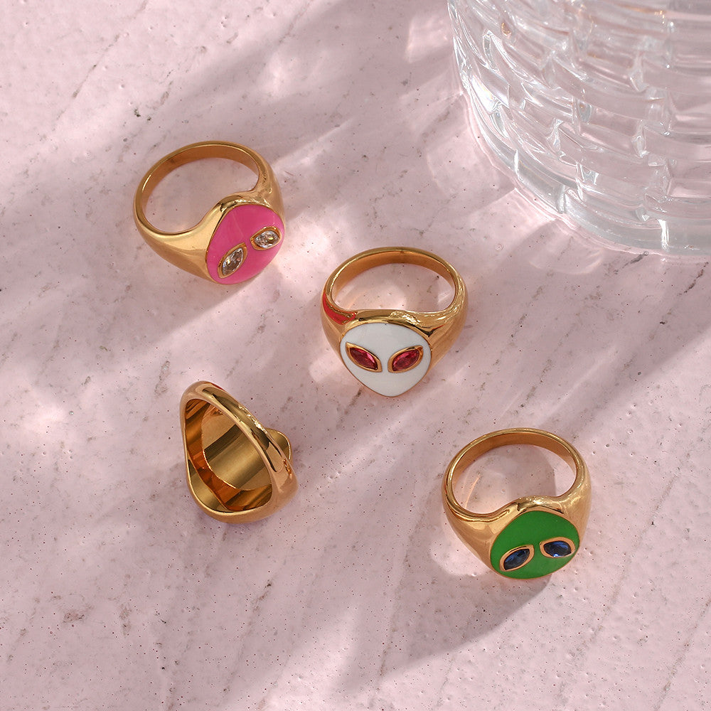 18k Gold Waterproof Tarnish Free Stainless Steel Colorful Pink Green CZ Stone Alien Rings