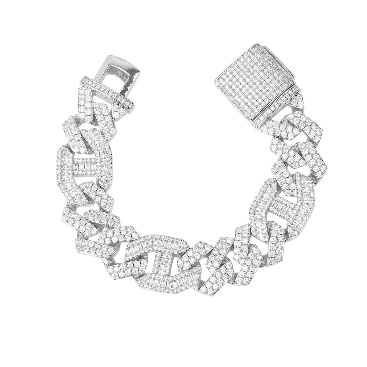 Mens Hip Hop Baguette Cluster Stone Mix Bling 18mm Cuban Designer Link Bracelet