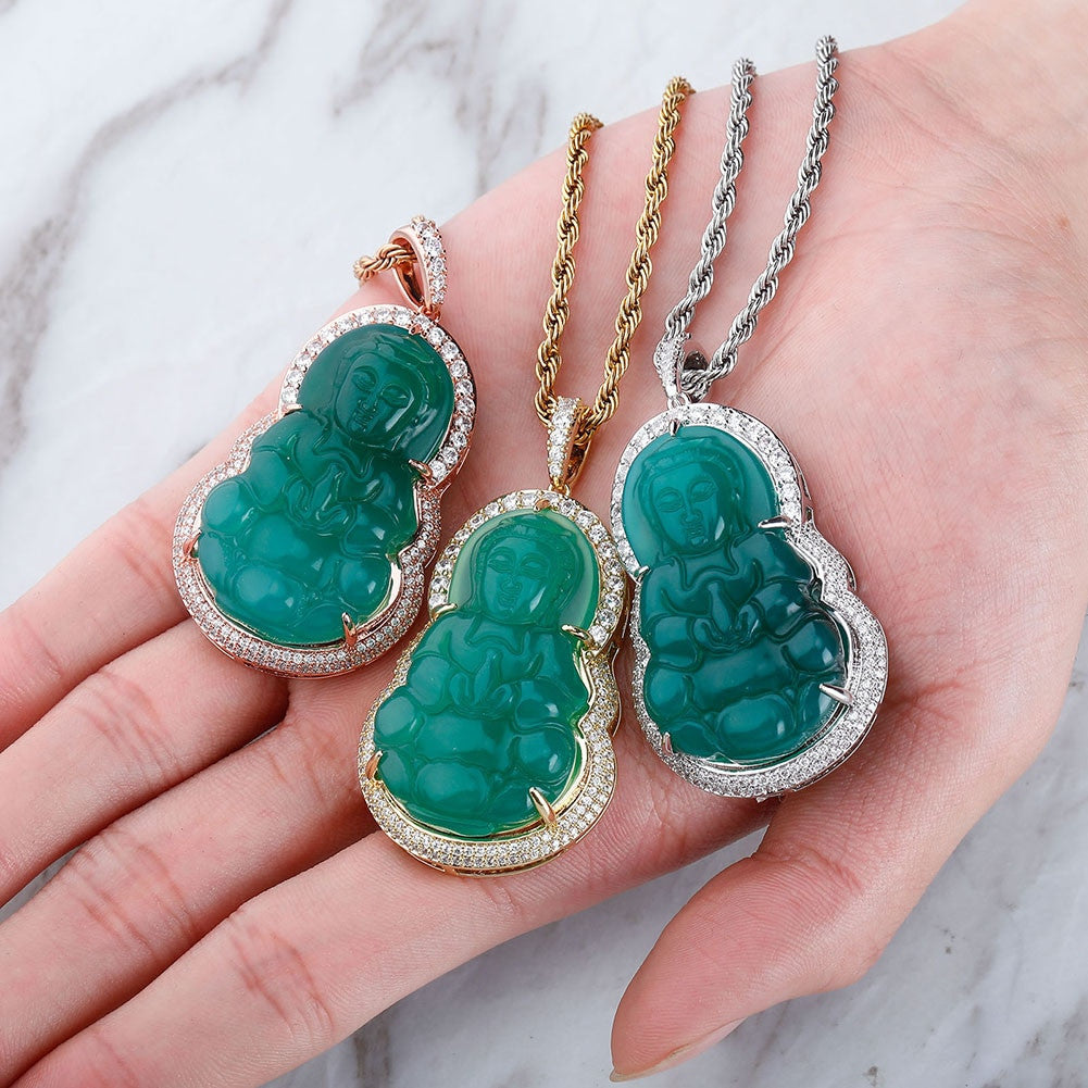 AAA 14k Gold .925 Silver Emerald Micro Pave Avalokitesvara Bodhisattva Buddha Pendant