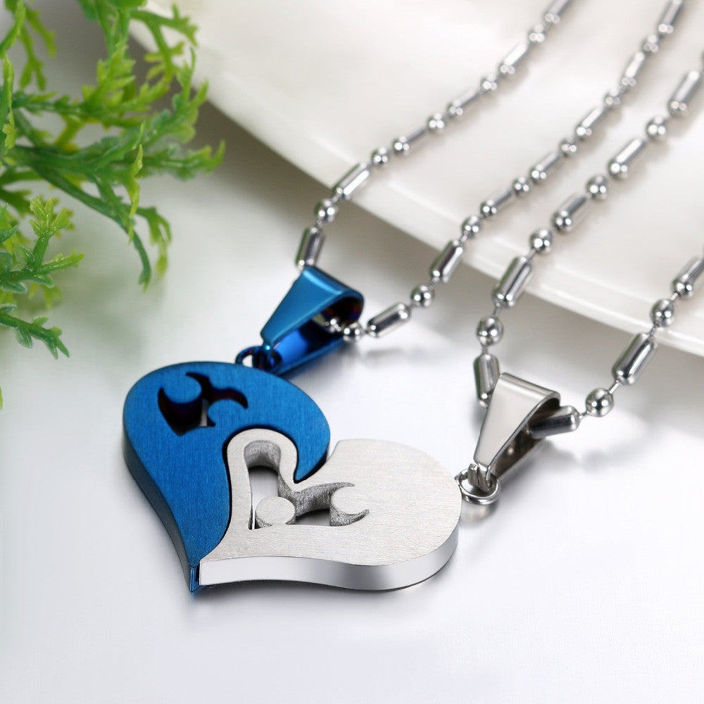 2 Piece Matching Couples Lovers No Tarnish Stainless Steel I Love You Heart Chain Necklace