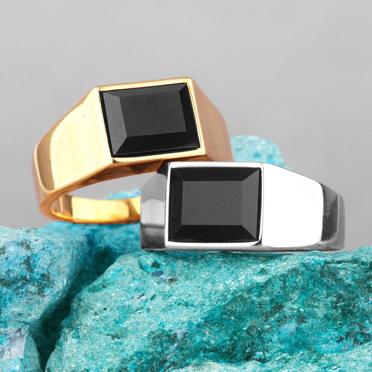 Simple Luxury | 14k Gold Over Solid Stainless Steel Black Gemstone Street Style Rings
