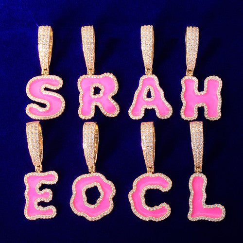 Flooded Ice Hot Pink Single Letter AAA Micro Pave Bling Initial Pendant Chain Necklaces