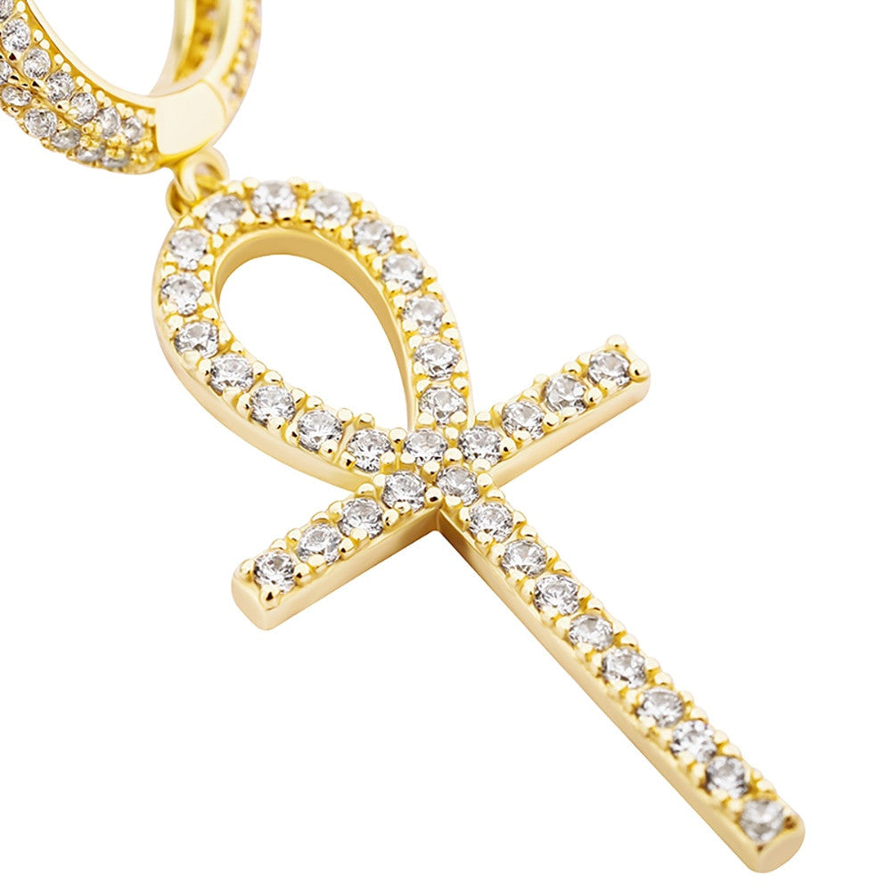 925 Sterling Silver over 14k Gold Original Ankh Cross Huggie Style Bling Earrings