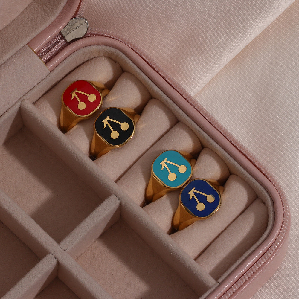 Ladies 18k Gold Solid Stainless Steel Black Red Blue Enamel Stone Cherry Ring