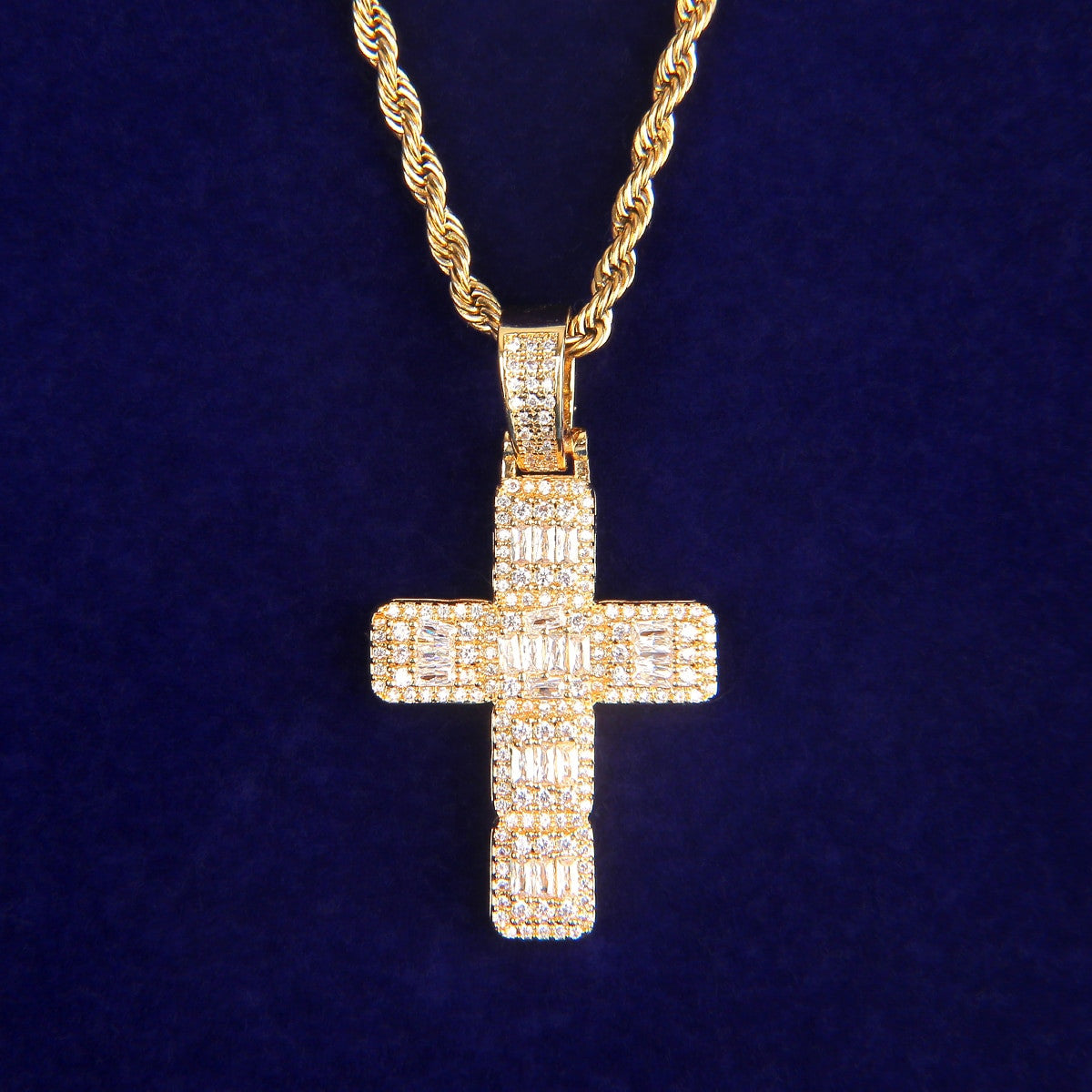 5A Thick Cut Flooded Ice Baguette Cross Bling Hip Hop Pendant Chain Necklace