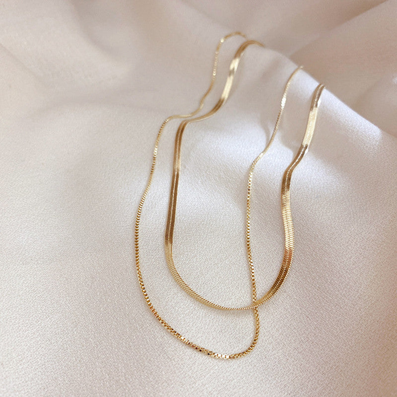 18k Gold Double Layers 14K Gold Plated Box Herringbone Chain Choker Necklaces