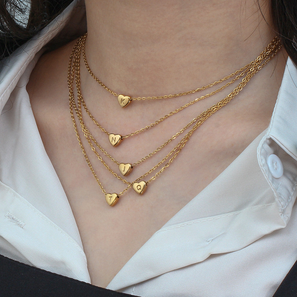 18k Gold Big Love Small Heart Initial Letter Solid Stainless Steel Chain Necklace