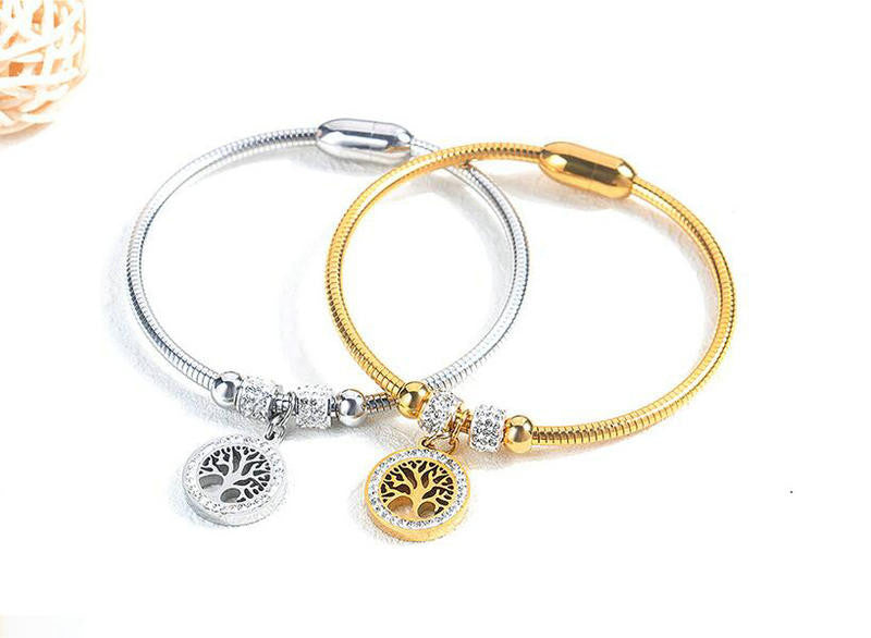 Ladies Tree Of Life Mother Earth No Fade Stainless Steel Gold Silver Rose Bangle Bracelet