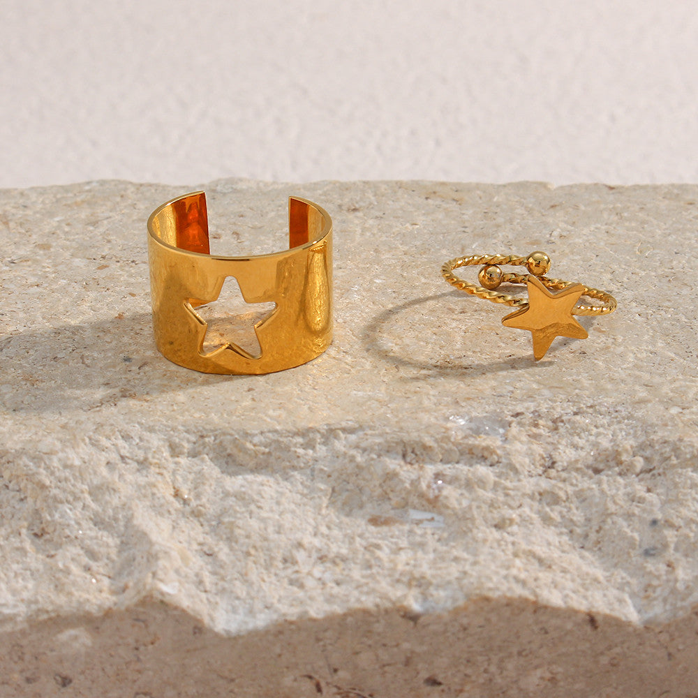 18k Gold Waterproof Stainless Steel Fine Polished Moon Star Heart Flower Adjustable Rings