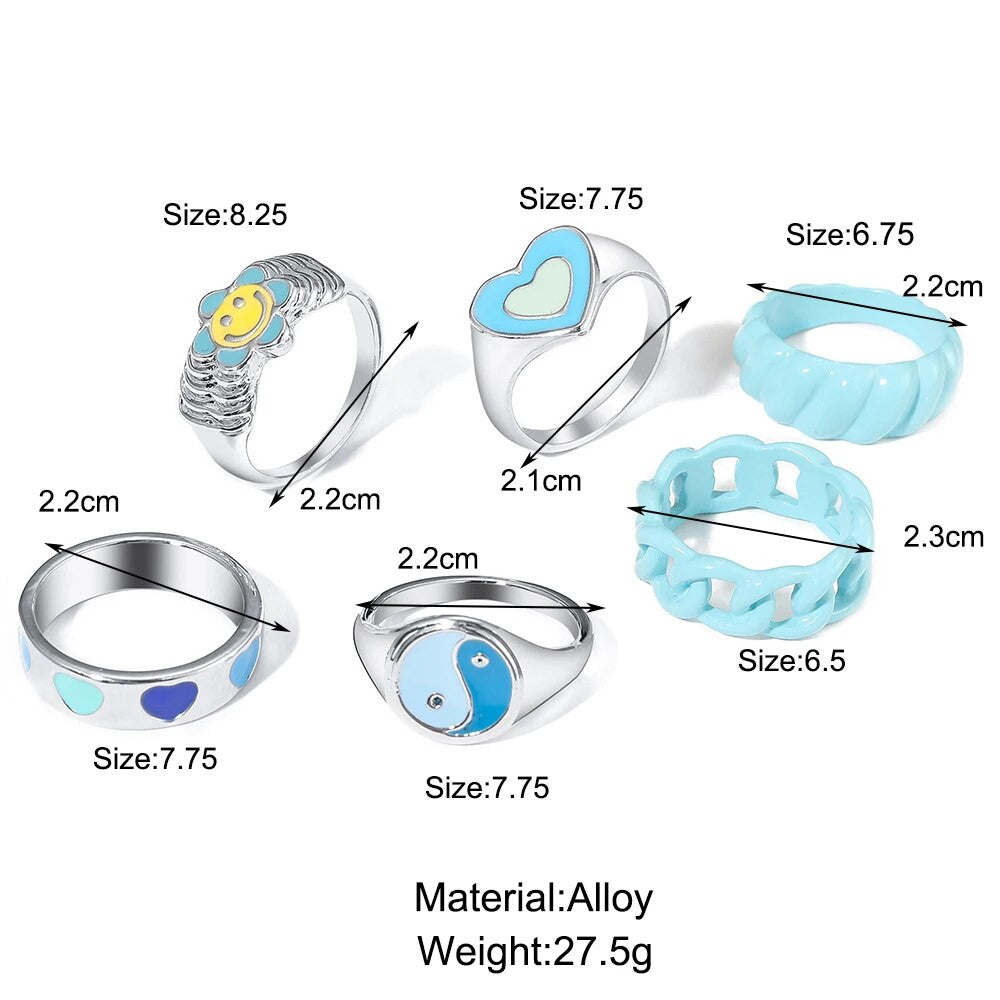 Ladies Blue Ocean Cuban Link Yin Yang Sunflower 6 Piece Ring Set