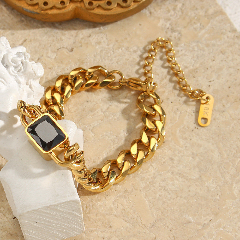 18k Gold Square Cubic Zirconia Black White Green Red Stone Hip Hop Cuban Chain Bracelet