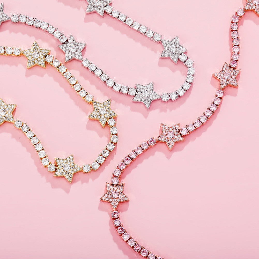 Ladies 14k Gold .925 Silver 5 Pointed Super Star Simulate Diamond Choker Chain Necklace