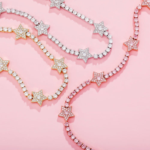 Ladies 14k Gold .925 Silver 5 Pointed Super Star Simulate Diamond Choker Chain Necklace