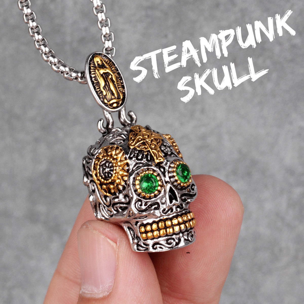 No Fade Silver Gold Accents Stainless Steel Aztec Skull Cross Pendant Chain Necklace