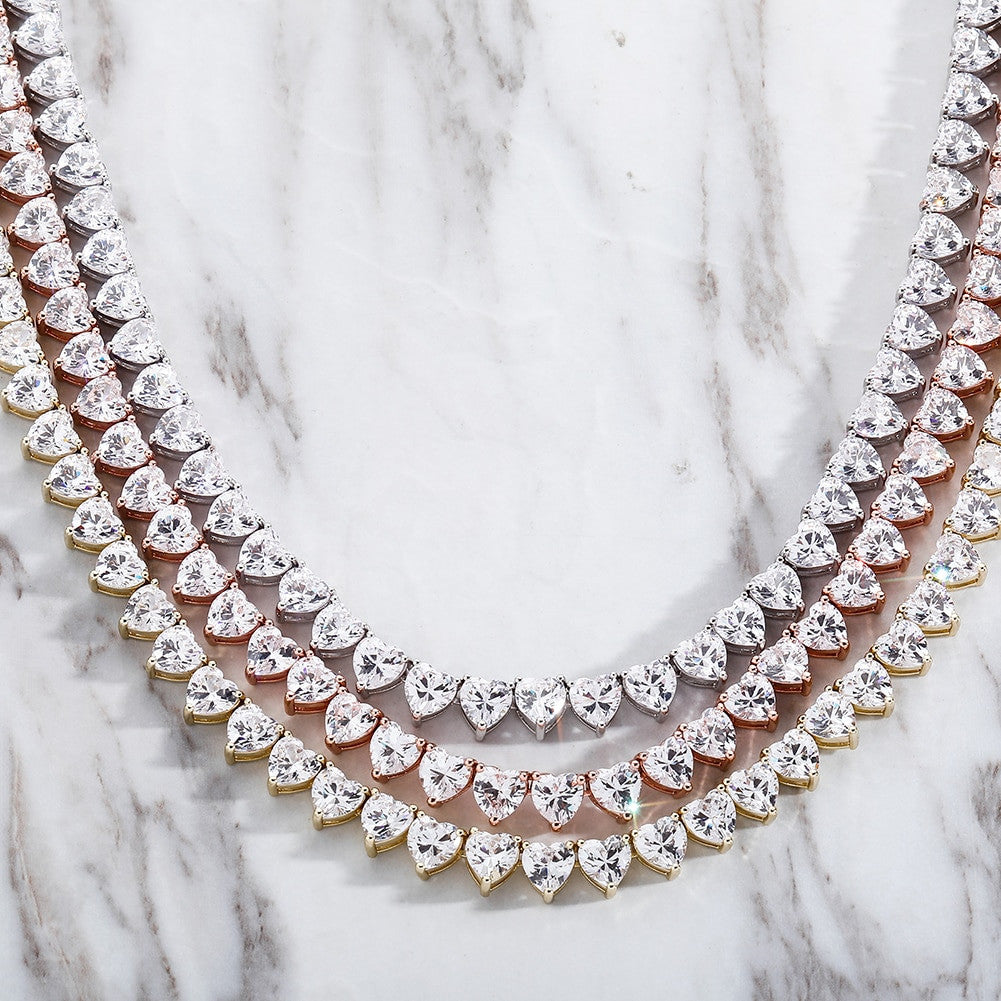 Rose Gold 14k 925 Silver Total Iced AAA Heart Shaped Prong Set Tennis Chain Necklace