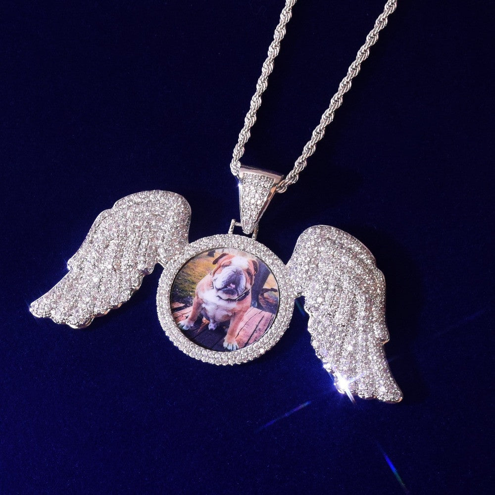 Golden Guardian | Flooded Ice Angel Wings Memory Picture Photo Pendant