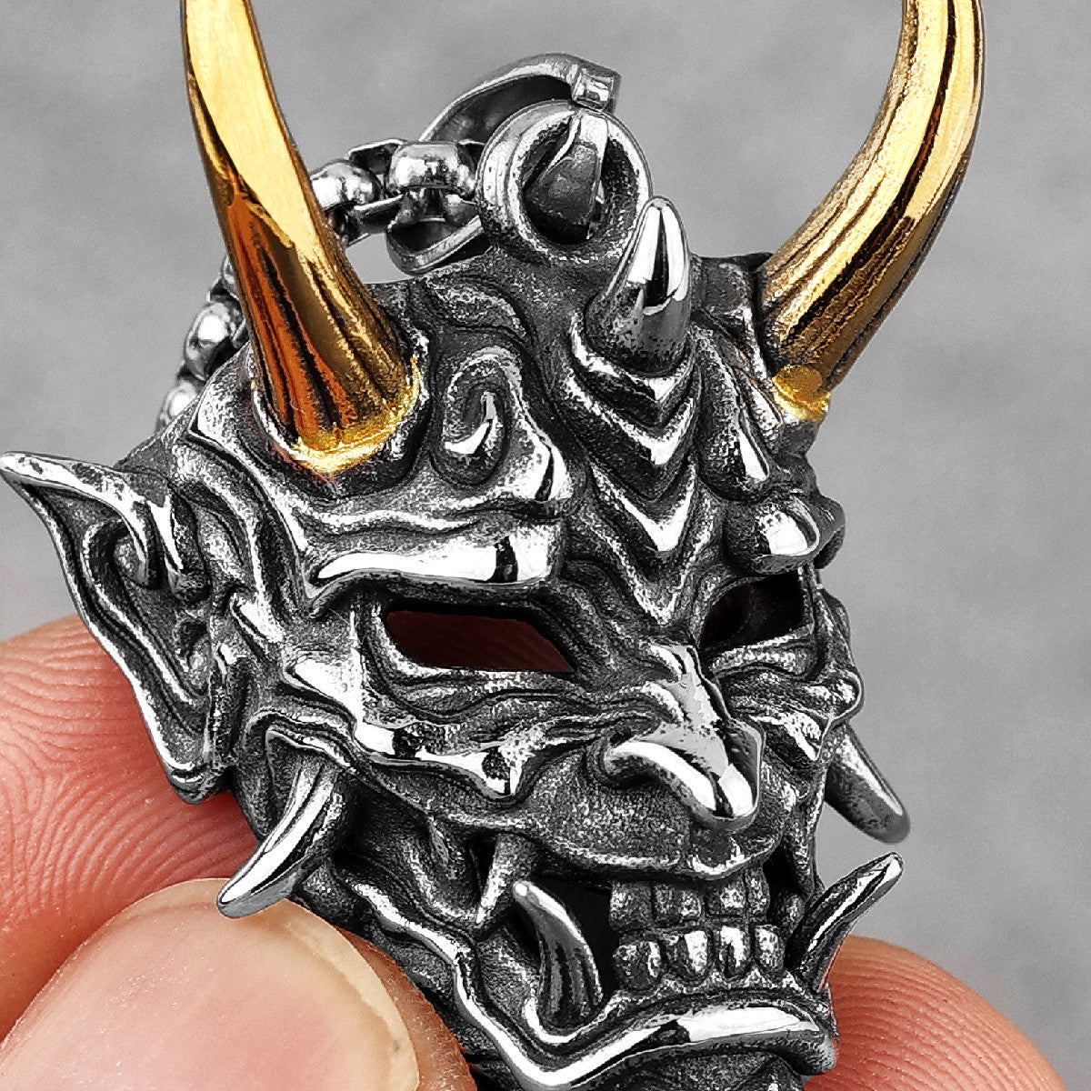 Prajna ll Mask | 316L Satainless Steel Japanese Hannya Shura Mask Horn Pendant Necklace