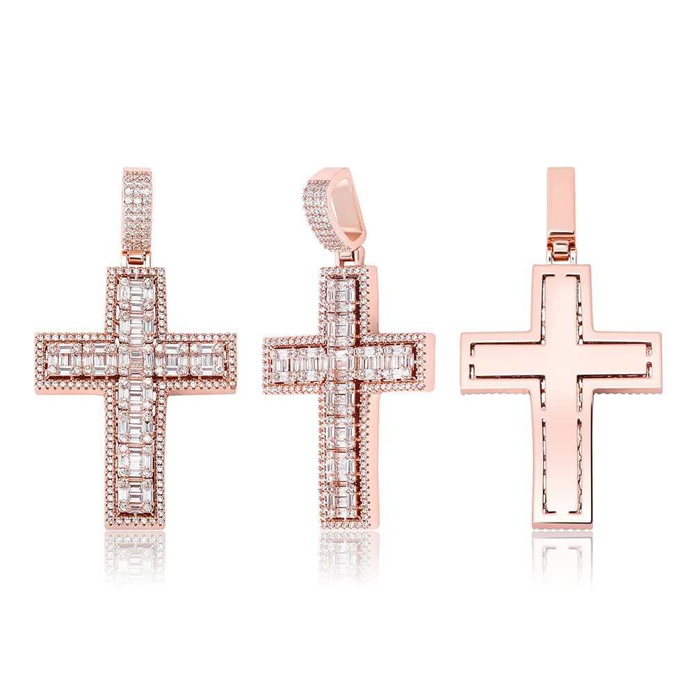 Flooded Ice True Micro Pave 14k 925 Rose Gold Bling Cross Pendant Chain Necklace