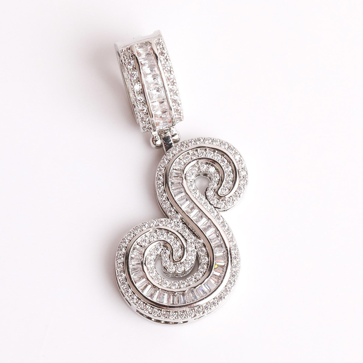 Street Melody | White Yellow Gold Iced Cursive Initial Letter Baguette Pendant Chain