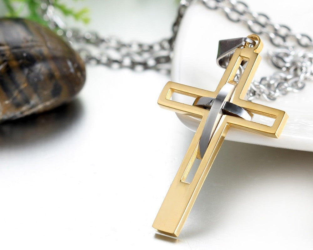 Retro Stainless Steel Gold Black Blue Silver Christian Cross Pendant Chain Necklace