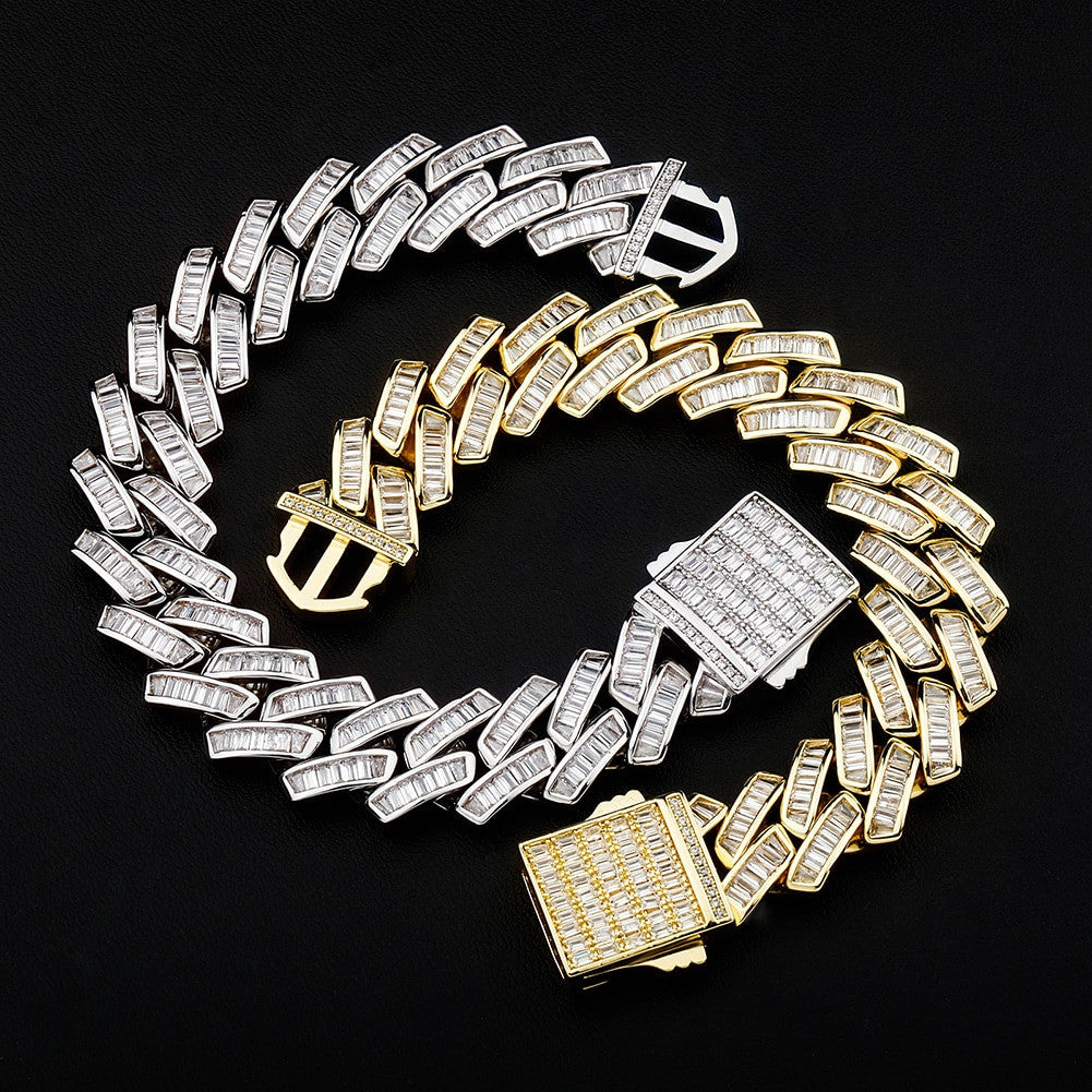 Mens Flooded Ice 18mm 14k 925 Silver Baguette Pave Set Cuban Link Hip Hop Bracelet
