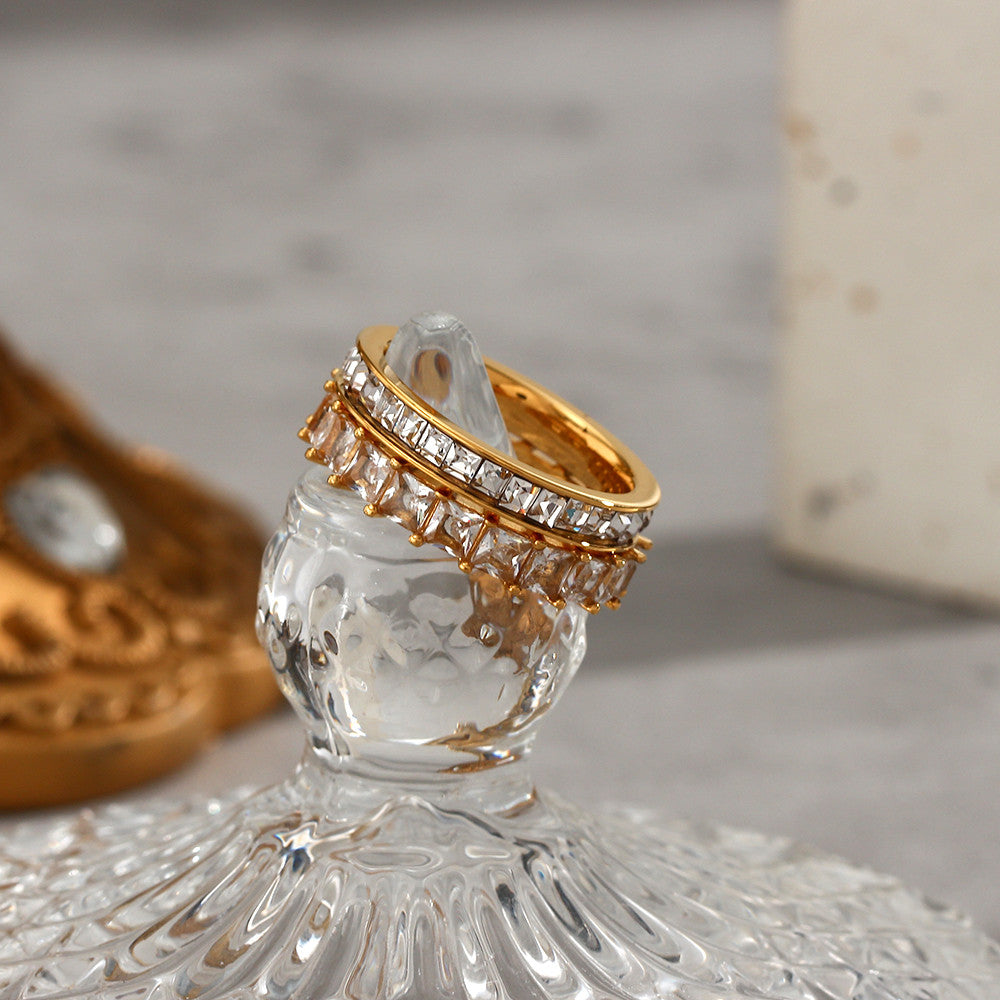 18k Gold 3A Clear CZ Paved Titanium Steel Waterproof Bling Bling Rings