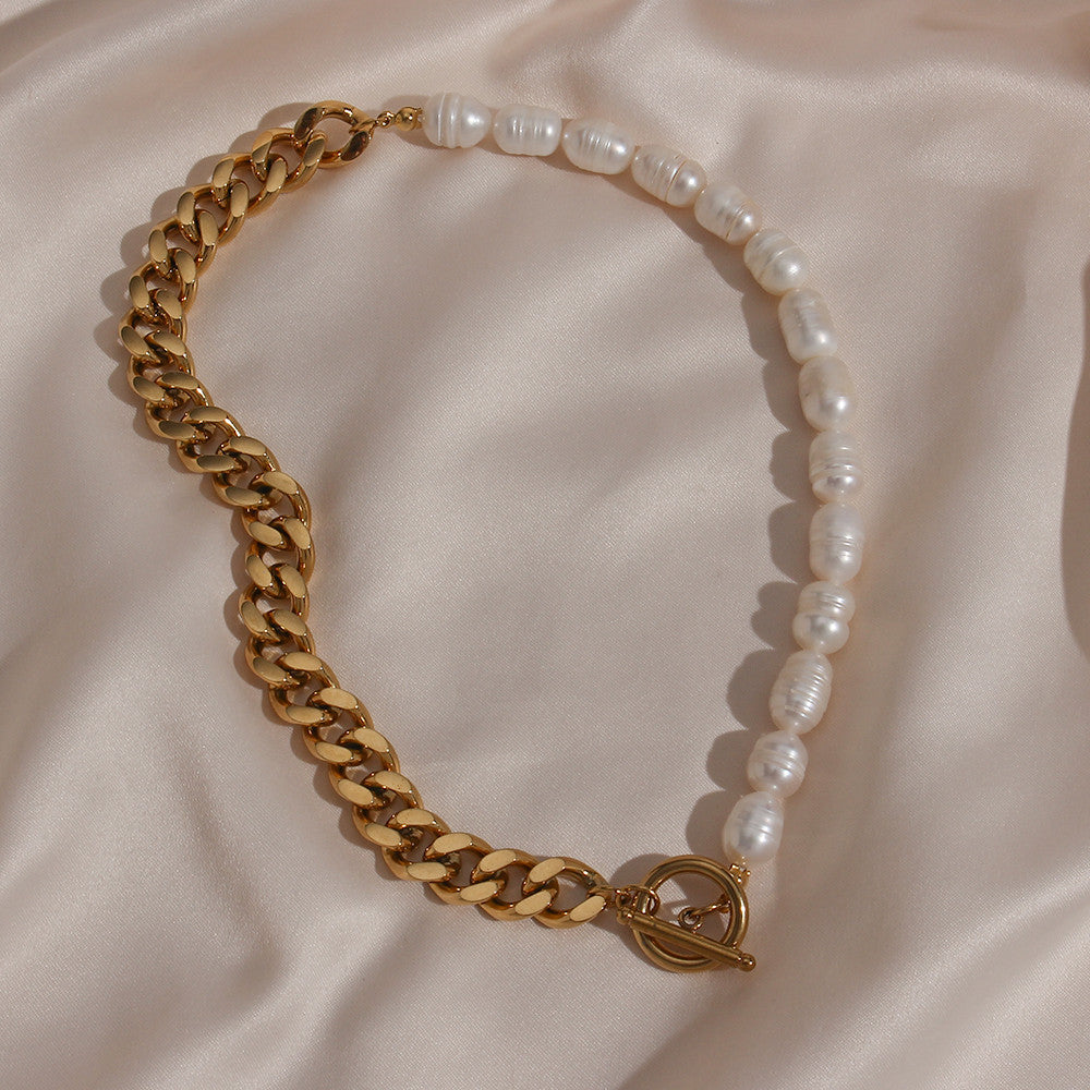 18k Gold Stainless Steel Chunky Natural Freshwater Pearl Cuban Chain Choker Necklaces