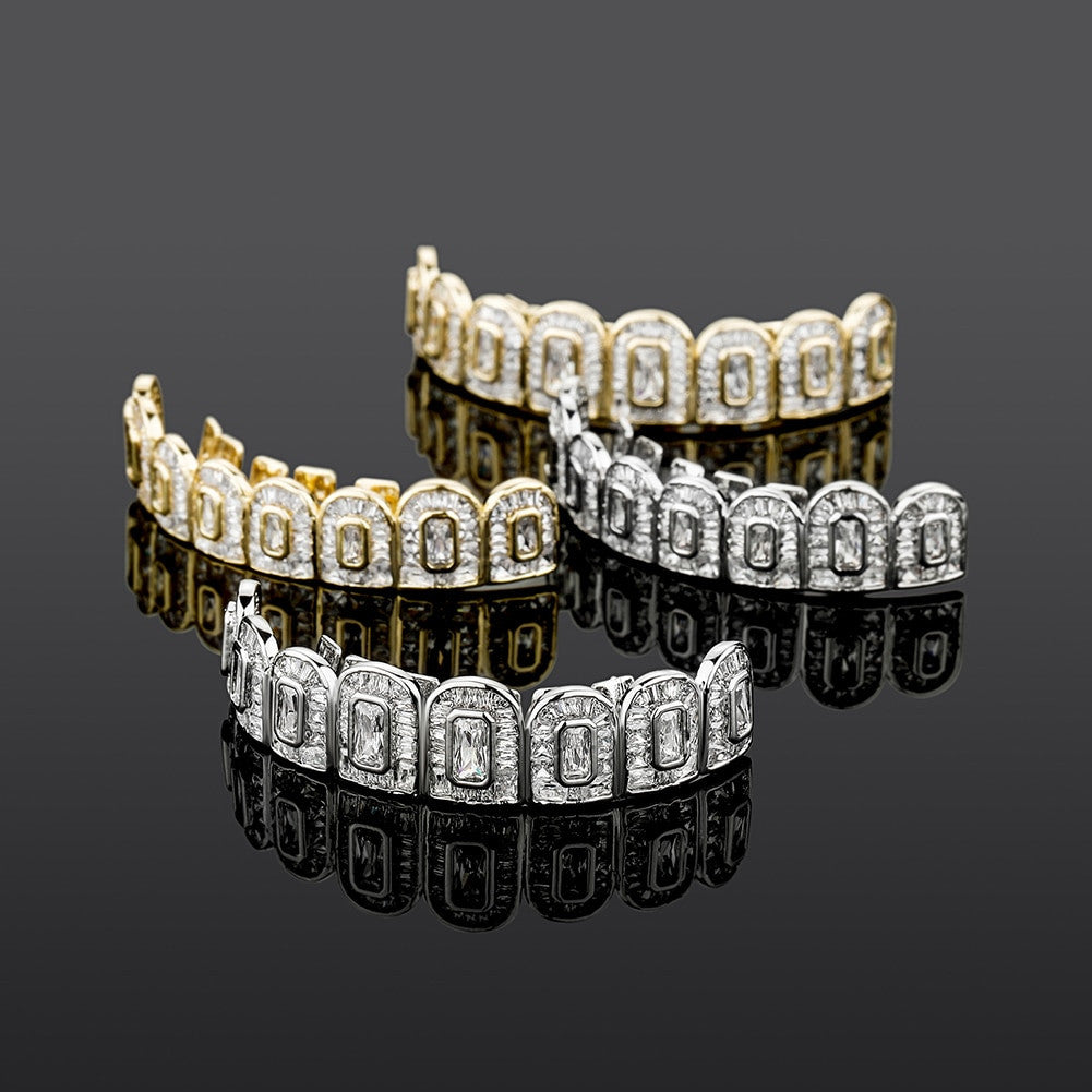  New All Baguette Flooded Ice Hip Hop Micro Pave Teeth Grillz Set
