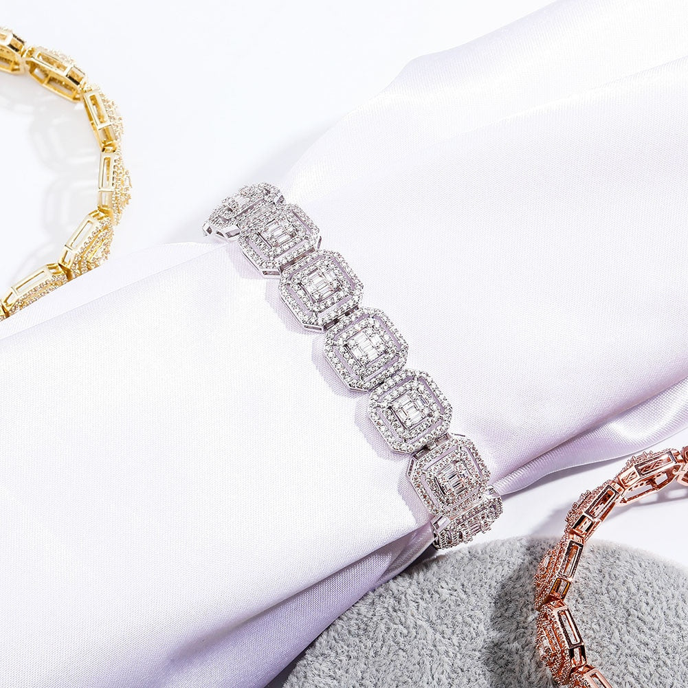 Mens New Ice 13mm Hip Hop Square Baguette Center Stone Bling Bracelets