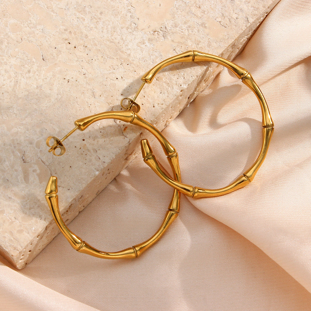18k Gold Thin Bamboo Large Gold Big Hoop Waterproof Stainless Steel Hip Hop Earrings