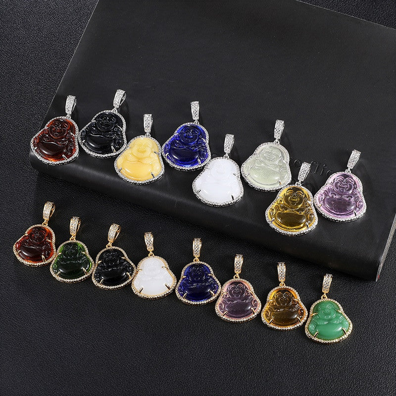 14k Gold Stainless Steel Hip Hop 8 Colors Flooded Ice Buddha Pendant Chain Necklace