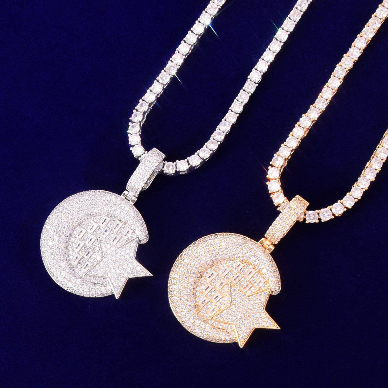 Celestial Wisdom | Gold 925 Silver Crescent Moon Star Baguette Iced Pendant