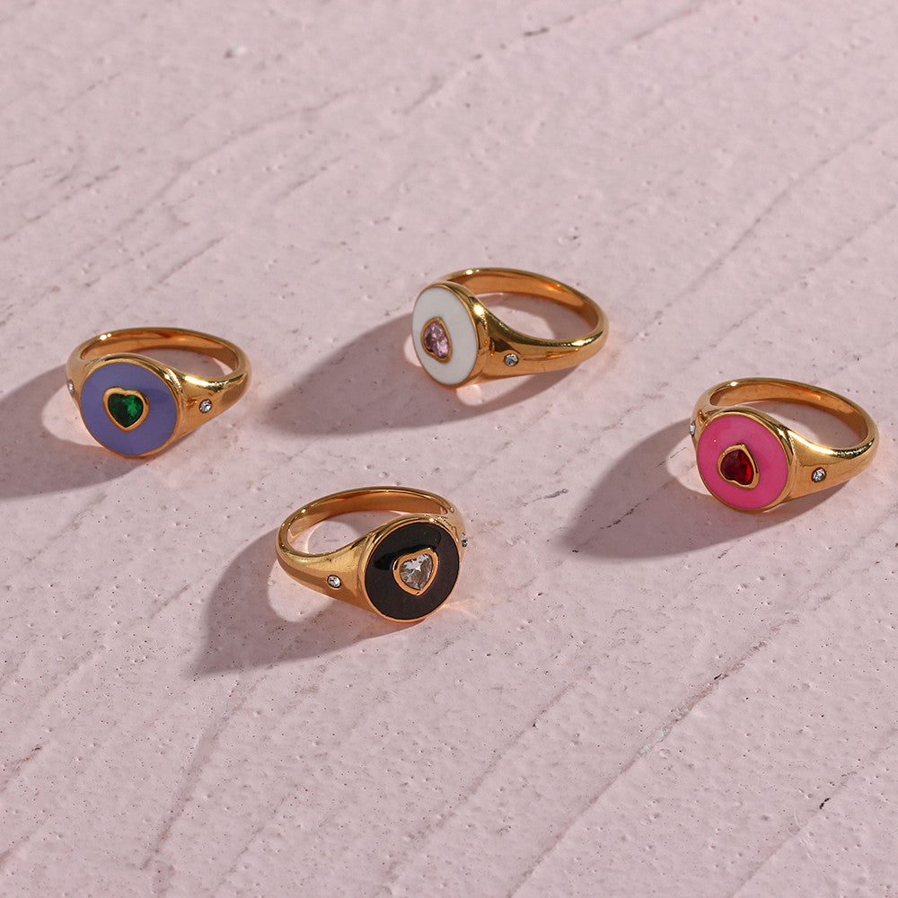 Black Purple Pink CZ Heart Stone 18k Gold Stainless Steel Waterproof Bling Rings