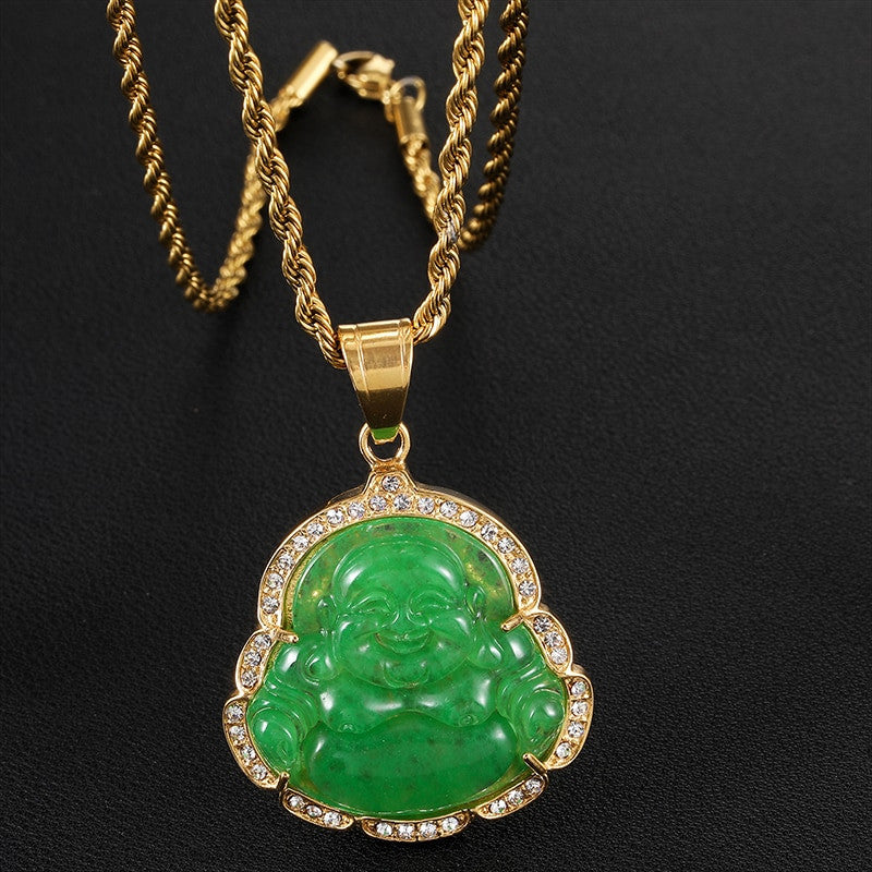 14k Gold over Titanium Steel Buddha Simulate Diamond Bling Pendant Chain Necklace