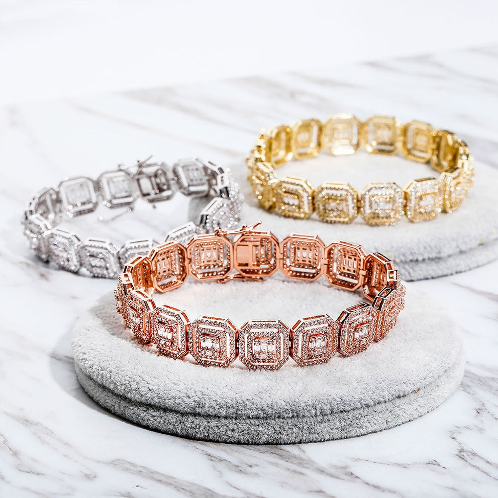 Mens New Ice 13mm Hip Hop Square Baguette Center Stone Bling Bracelets