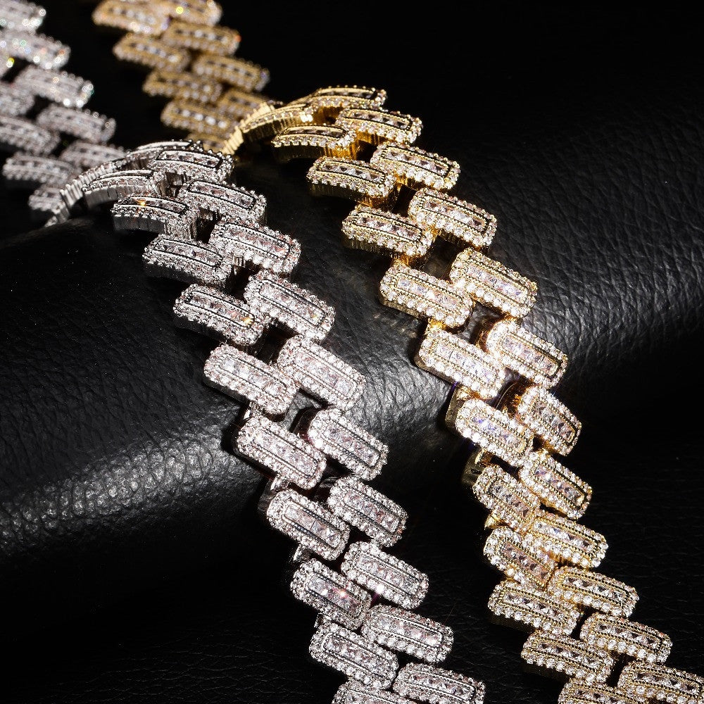 20mm Miami Cuban Link Baguette Pave Prong Set Box Clasp Hip Hop Chain Necklace