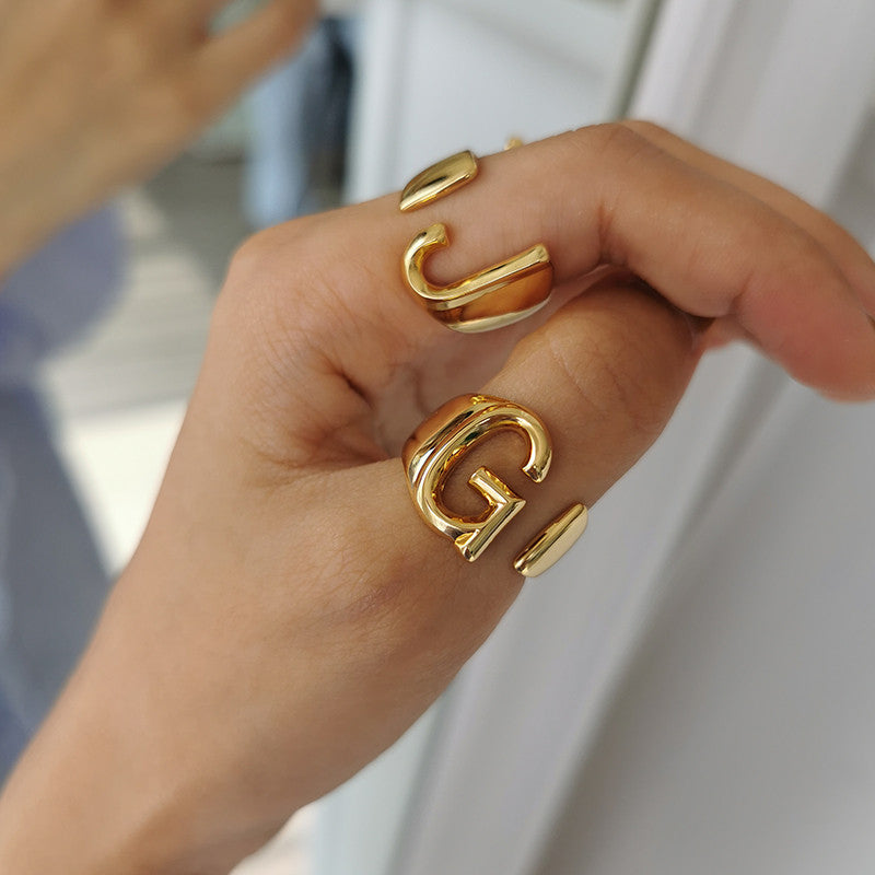 Ladies 18k Gold Initial Letter Adjustable Open Size personality Rings