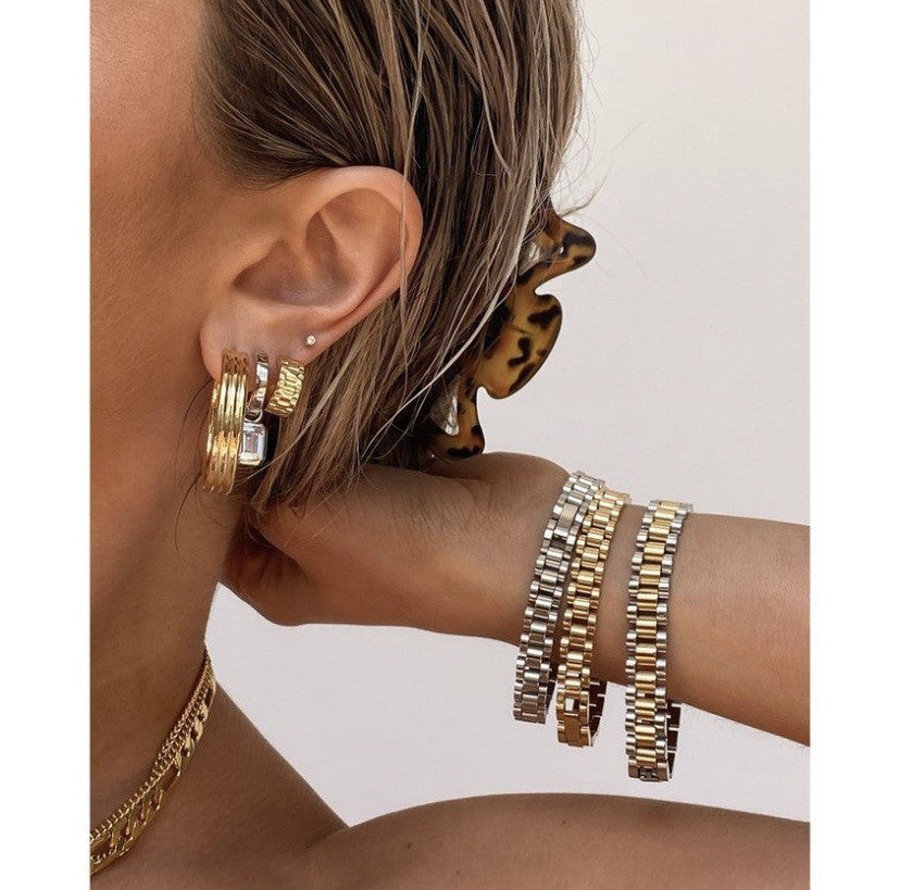 Ladies Wrist Watchband Stainless Steel 18k Gold Hip Hop Casual Bracelets