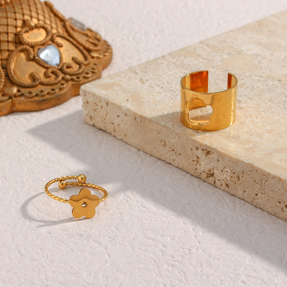 18k Gold Waterproof Stainless Steel Fine Polished Moon Star Heart Flower Adjustable Rings