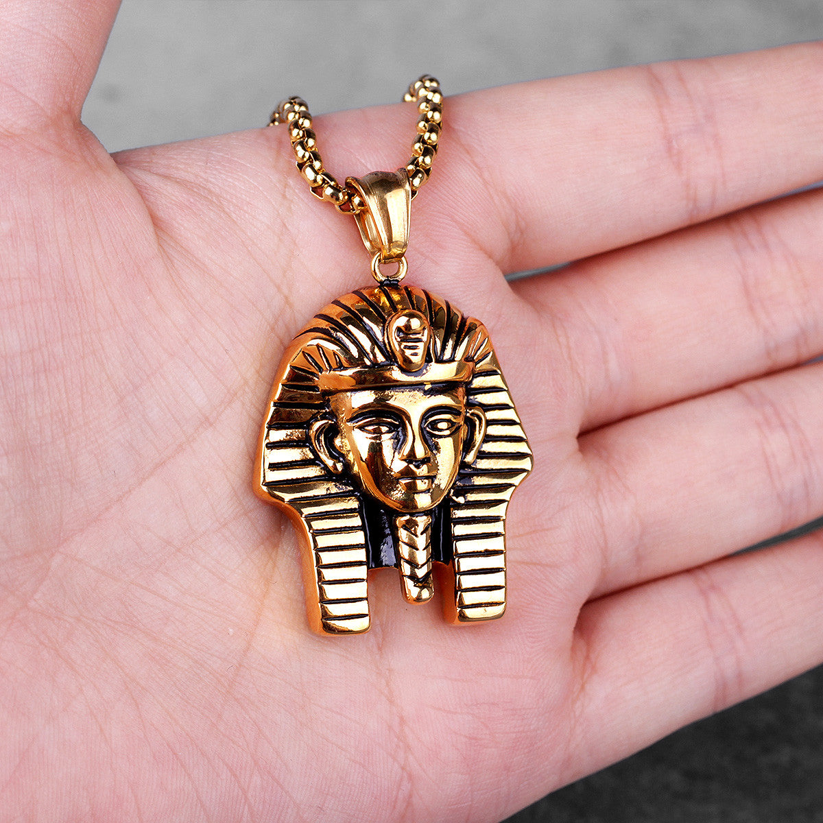 Mens 14k Gold Ancient African Egyptian Pharaoh Hip Hop Pendant Chain Necklace