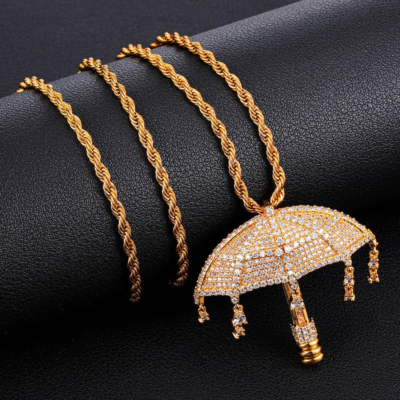 White Gold 18k Bling Its Raining Money Umbrella Hip Hop Pendant
