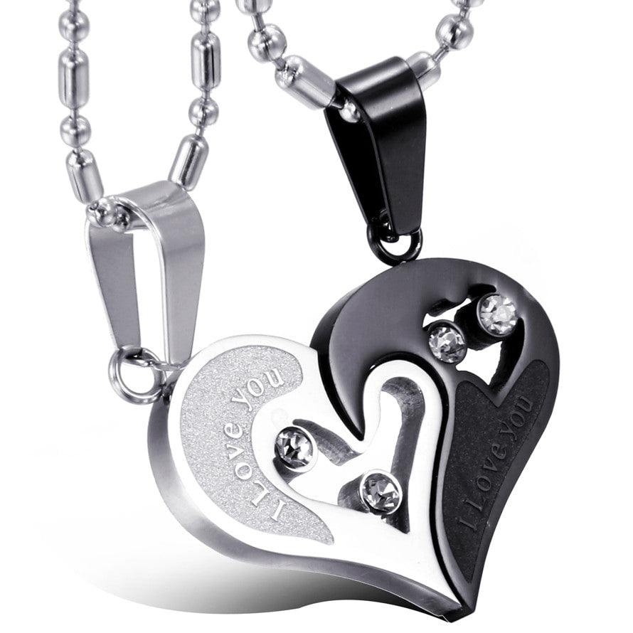 2 Piece Matching Couples Lovers No Tarnish Stainless Steel I Love You Heart Chain Necklace