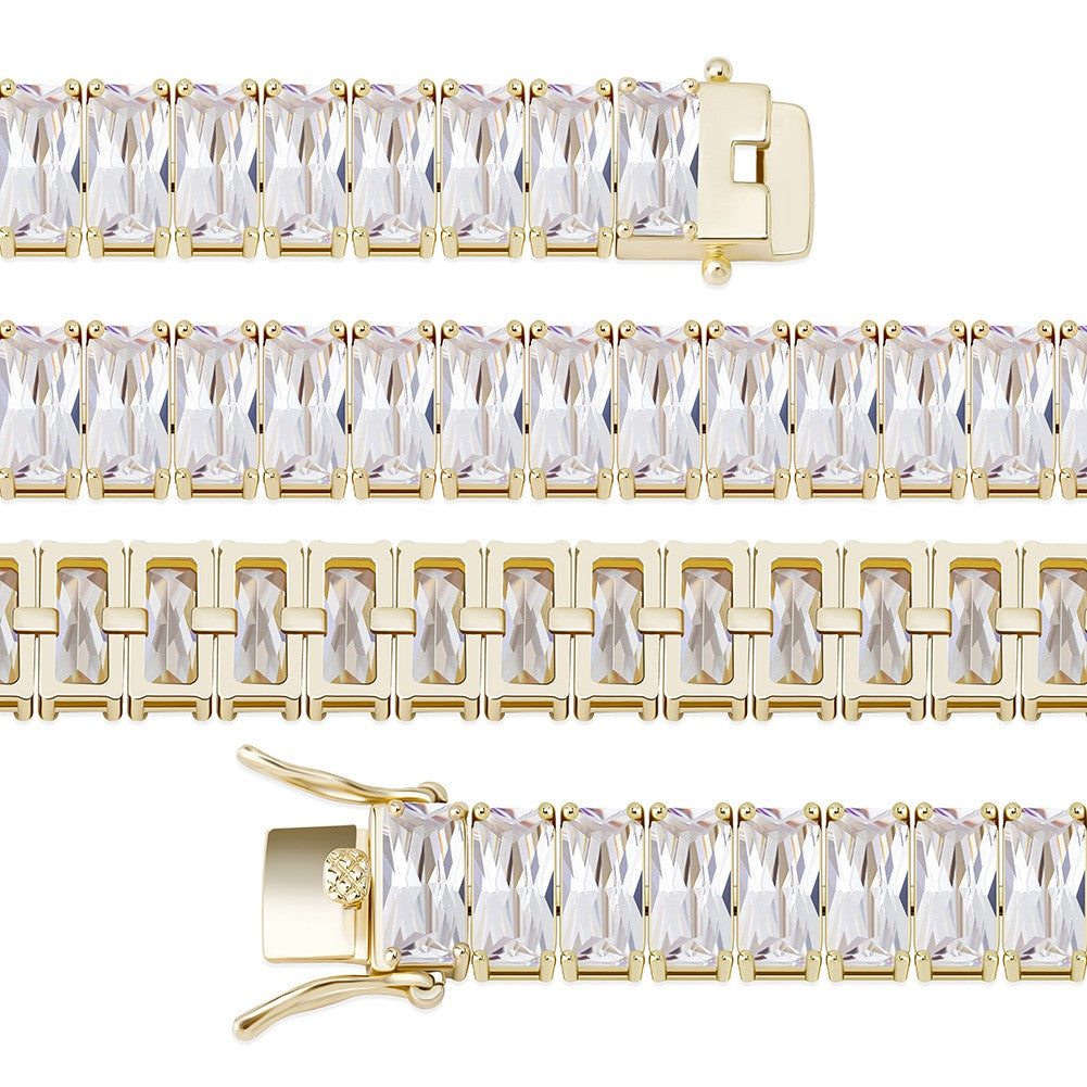 Pink Ice 10mm 14k Gold 925 Silver Baguette Chain Necklace