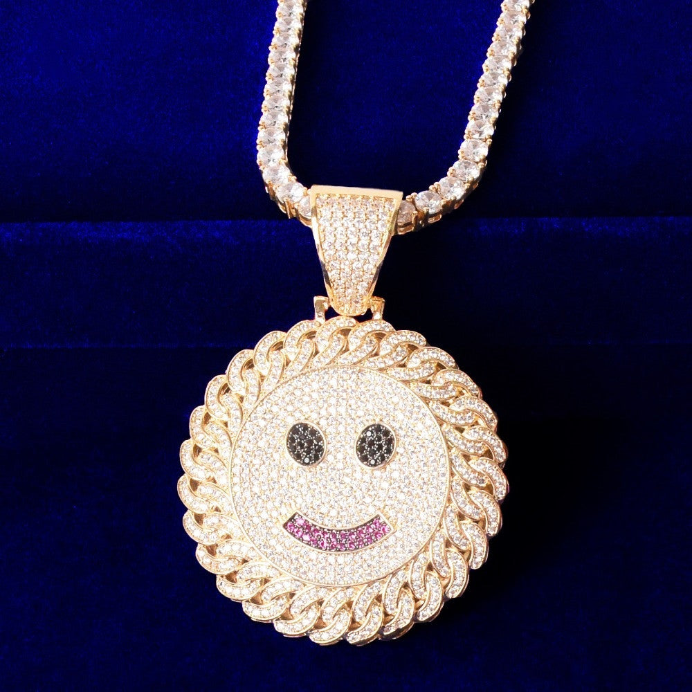 18k Gold 925 Silver Flooded Ice Cuban Link Design Smiley Face Hip Hop Pendant Chain Necklaces