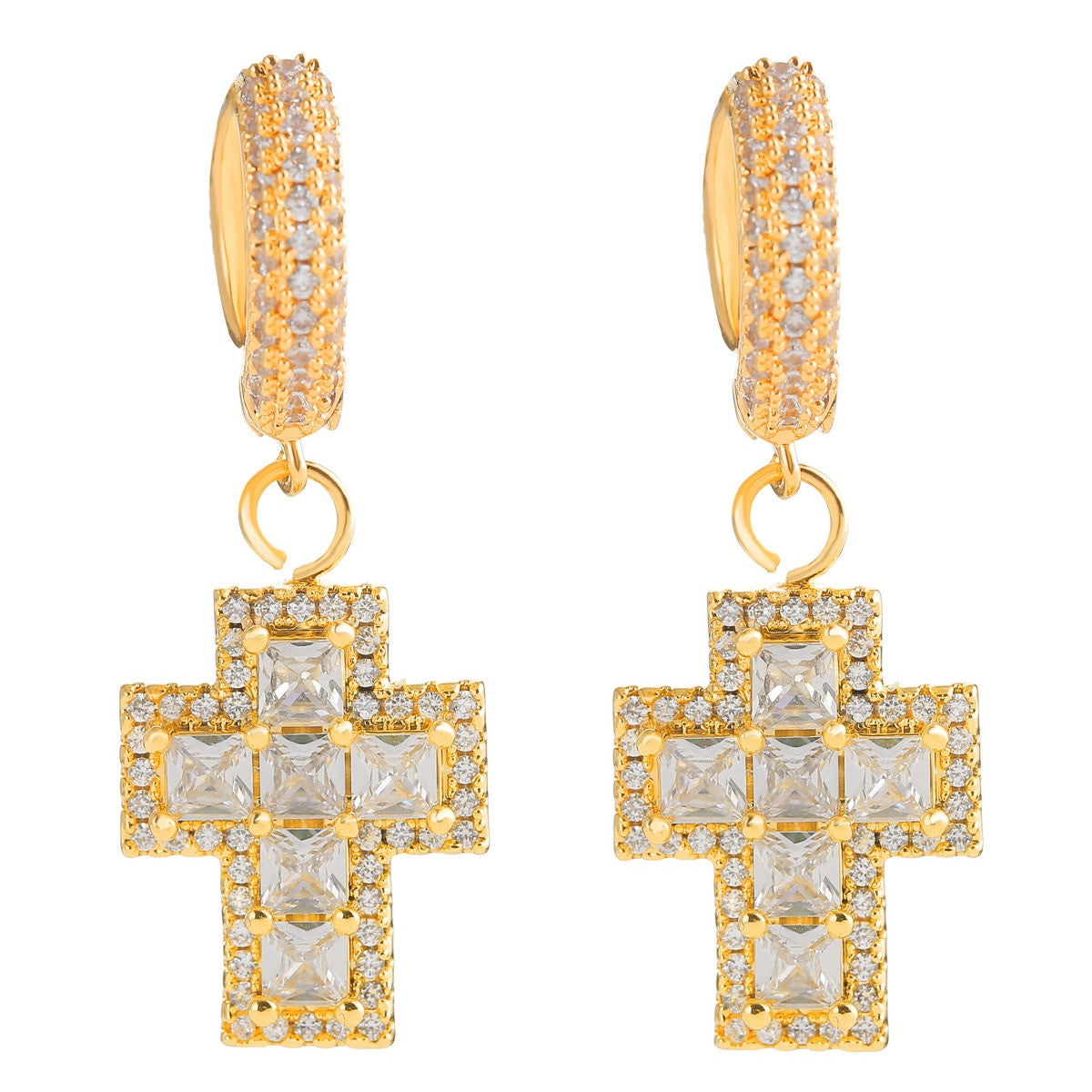 Arctic Majesty | Princess Cut Cross Drop Dangle Huggie Hip Hop Earrings