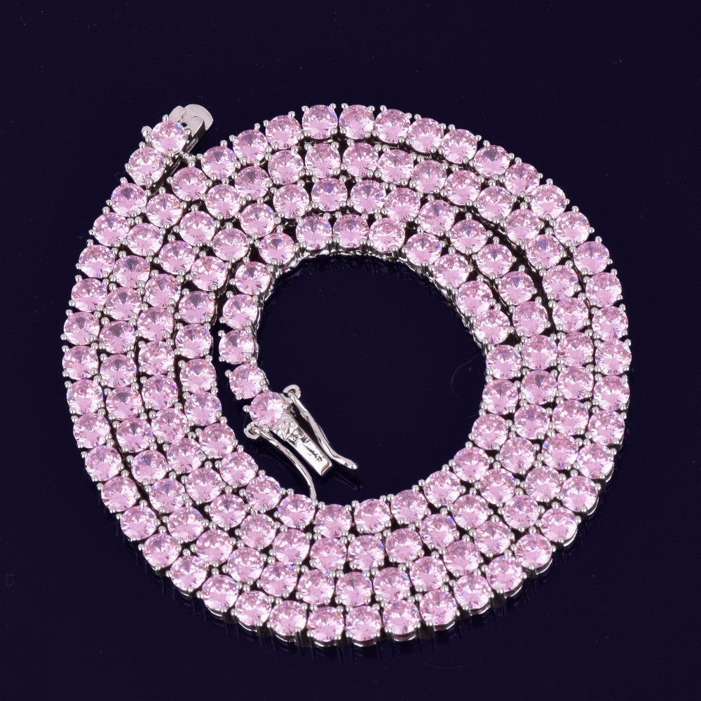 24k Gold Silver Rose Flooded Ice Pink Stone Bling Tennis Chain Necklac ...